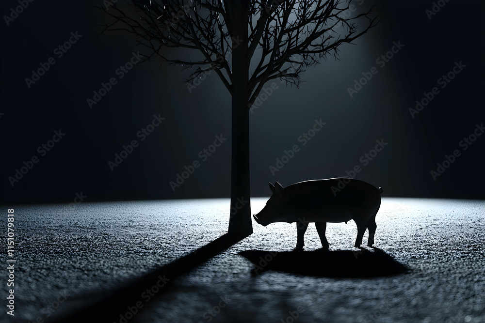 Poster silhouette of a pig standing near a leafless tree in dramatic lighting with long shadows in a dark s