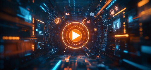 Obraz premium A futuristic digital tunnel with a play button, suggesting technology and media.