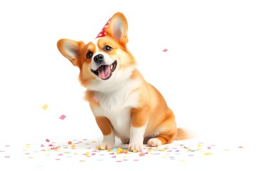 A cheerful corgi wearing a party hat, surrounded by colorful confetti, celebrating joyfully.