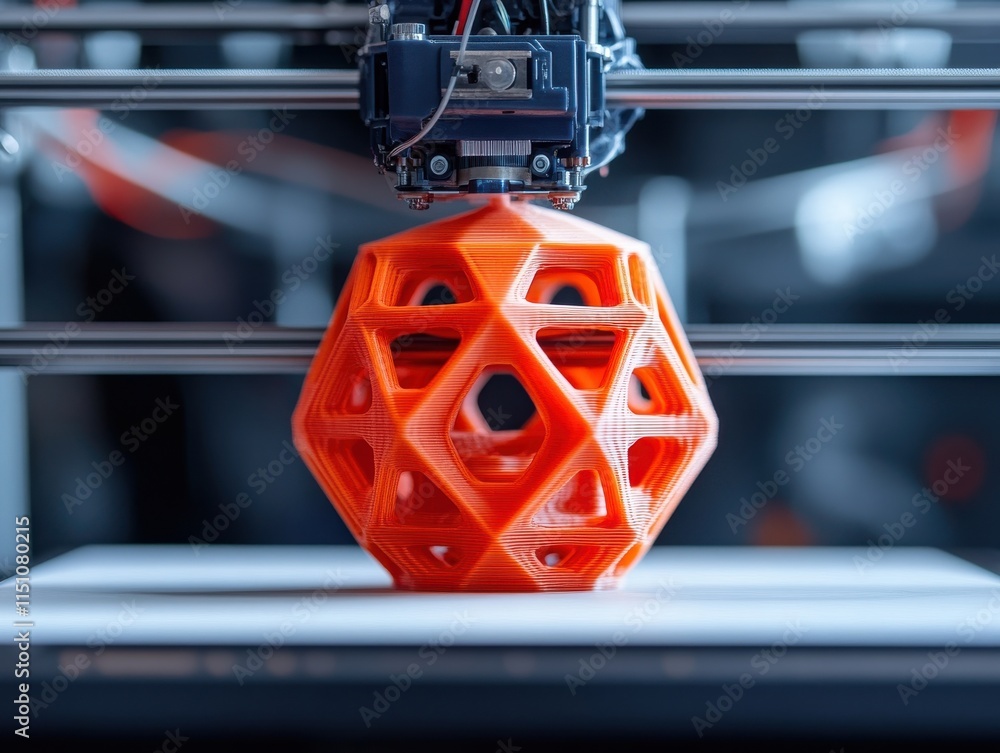 Poster a close-up of a 3d printer creating an intricate orange shape.