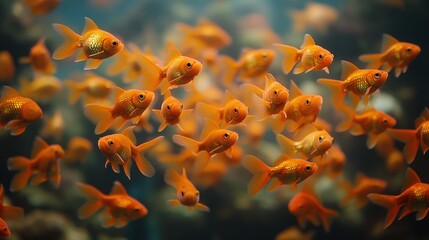 A school of vibrant orange goldfish swimming in an aquarium.