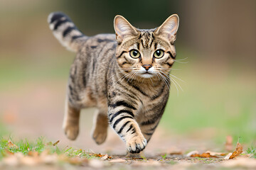 Playful tabby cat running on a dirt path surrounded by greenery and fallen leaves in a natural outdoor setting