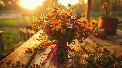 vibrant bouquet of wildflowers tied with red ribbon, glowing in warm sunlight, evokes sense of joy and nature beauty
