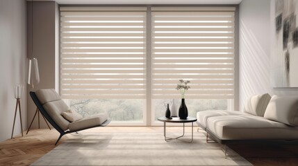 Modern living room with beige zebra blinds and stylish furniture
