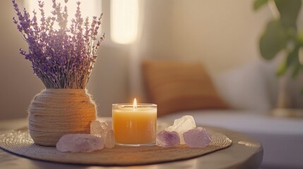 Cozy Home Interior with Lavender, Candle, and Crystals on Table