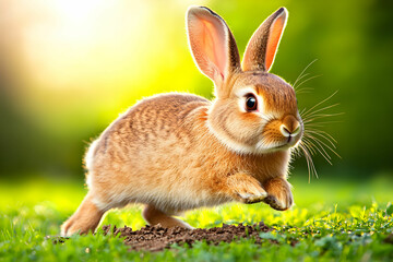 Fototapeta premium Cute Bunny Rabbit Hopping on Green Grass During Bright Sunny Day in Nature Setting