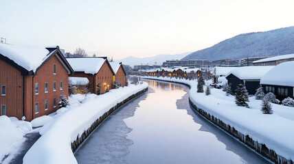 Obraz premium flat design of Otaru Canal, The snowy rooftops of the old red-brick warehouses along the canal , The icy canal reflects the lights from the buildings, and small pine trees are scattered throughout.