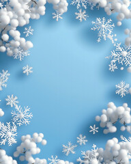 A pastel light blue background with softly swirling white snowflakes floating from all corners