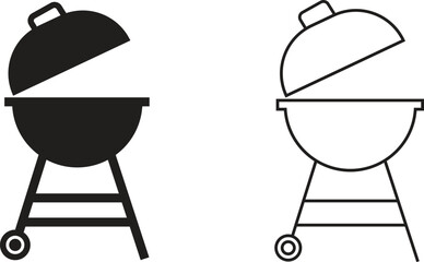 Grill flat and outline icons set. Bbq, sausage symbols, illustration for barbeque card design, poster, holiday template and summer picnic. Sign meat and food vectors isolated on transparent background