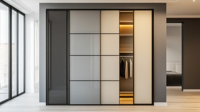 Modern minimalist sliding glass closet doors with interior lighting, revealing organized clothing.