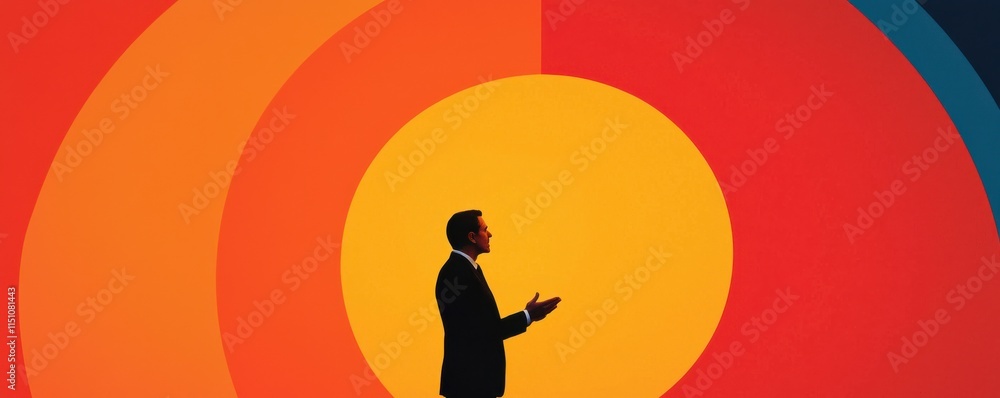 Poster a professional standing in front of vibrant abstract patterns.