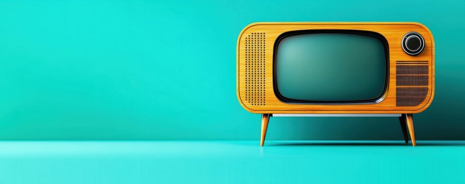 A retro-style orange television against a teal background.