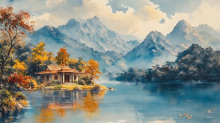 Fototapeta premium Traditional House Reflected On Serene Lake Amidst Majestic Mountains Scene Illustration