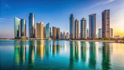 Obraz premium Time-lapse hyperlapse of buildings on Al Reem island in Abu Dhabi, architecture, skyline, cityscape, UAE, modern