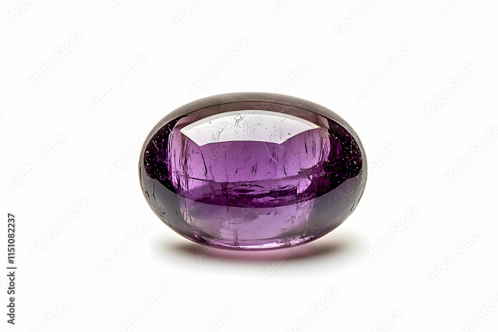 Poster oval amethyst gemstone with intricate internal patterns and luster on white background