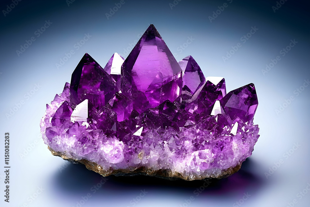 Poster stunning amethyst crystal cluster with sharp points and rich purple color on a smooth background