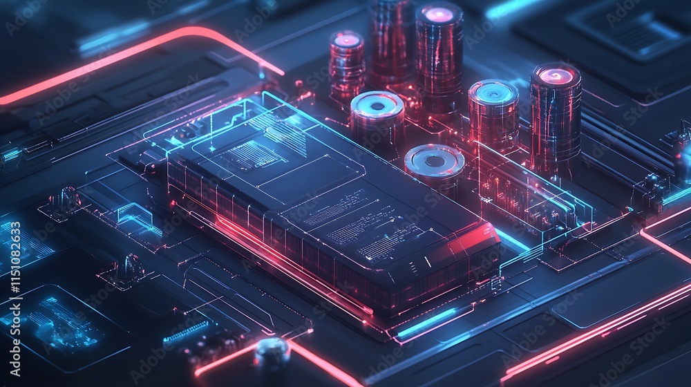 Poster circuit board with glowing lines.