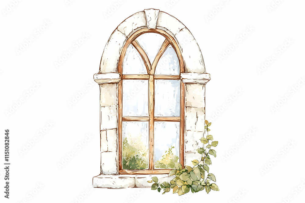 Poster decorative arch window with greenery illustration emphasizing natural elements and rustic charm for 