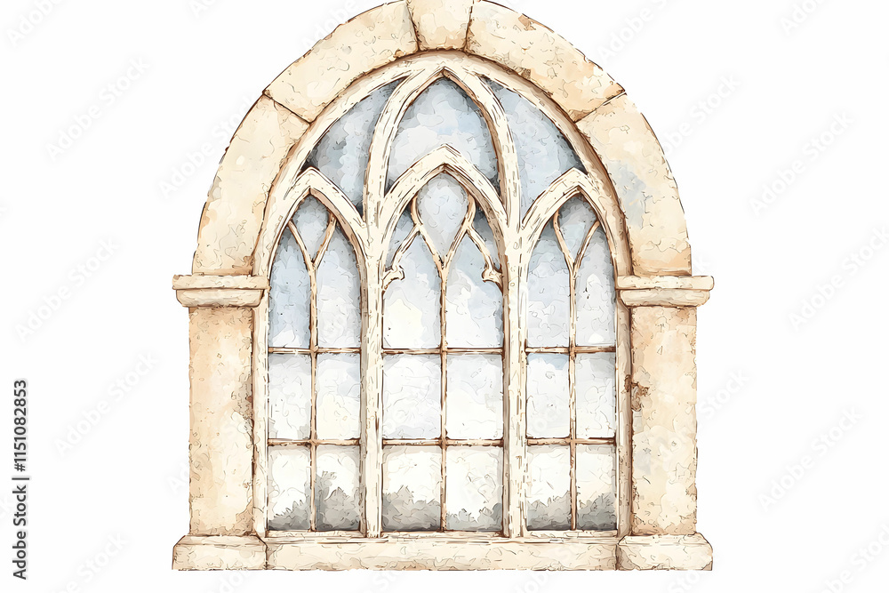 Poster intricate gothic window design with arched frames and detailed stonework in soft watercolor style