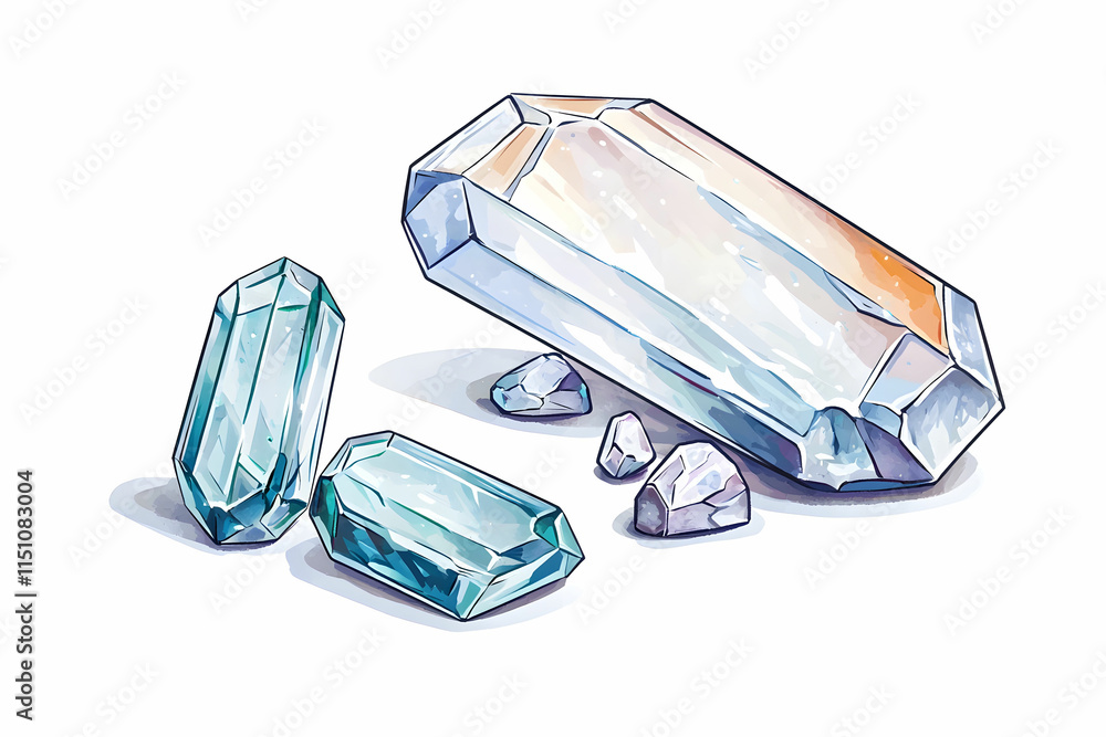 Poster three unique crystal types in various sizes with sparkling illumination on a bright background