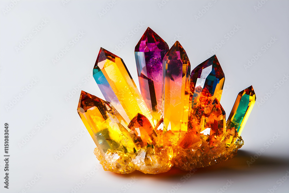 Poster vibrant and colorful crystal cluster with sharp edges reflecting light on a simple background