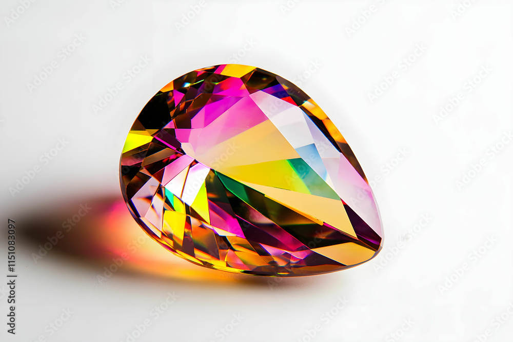Poster iridescent teardrop-shaped gemstone reflecting a spectrum of colors on a white background