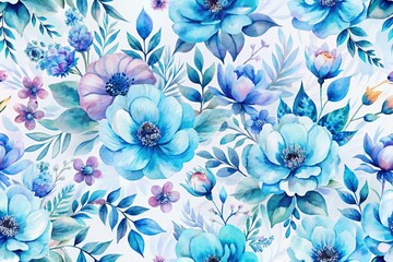 Obraz premium Blue Watercolor Floral Seamless Pattern - Handmade Feminine Design - Long Exposure