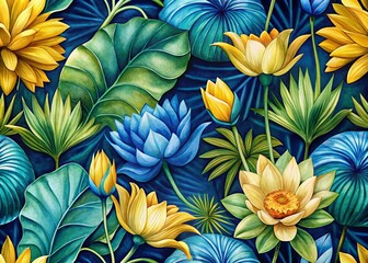 Blue & Yellow Lotus Floral Seamless Textile Pattern
