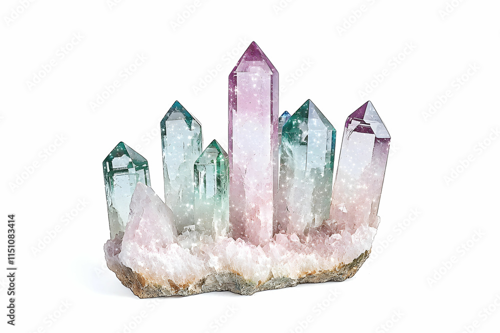 Poster vibrant multi-colored crystal formation on white background with natural sparkle and unique shape va