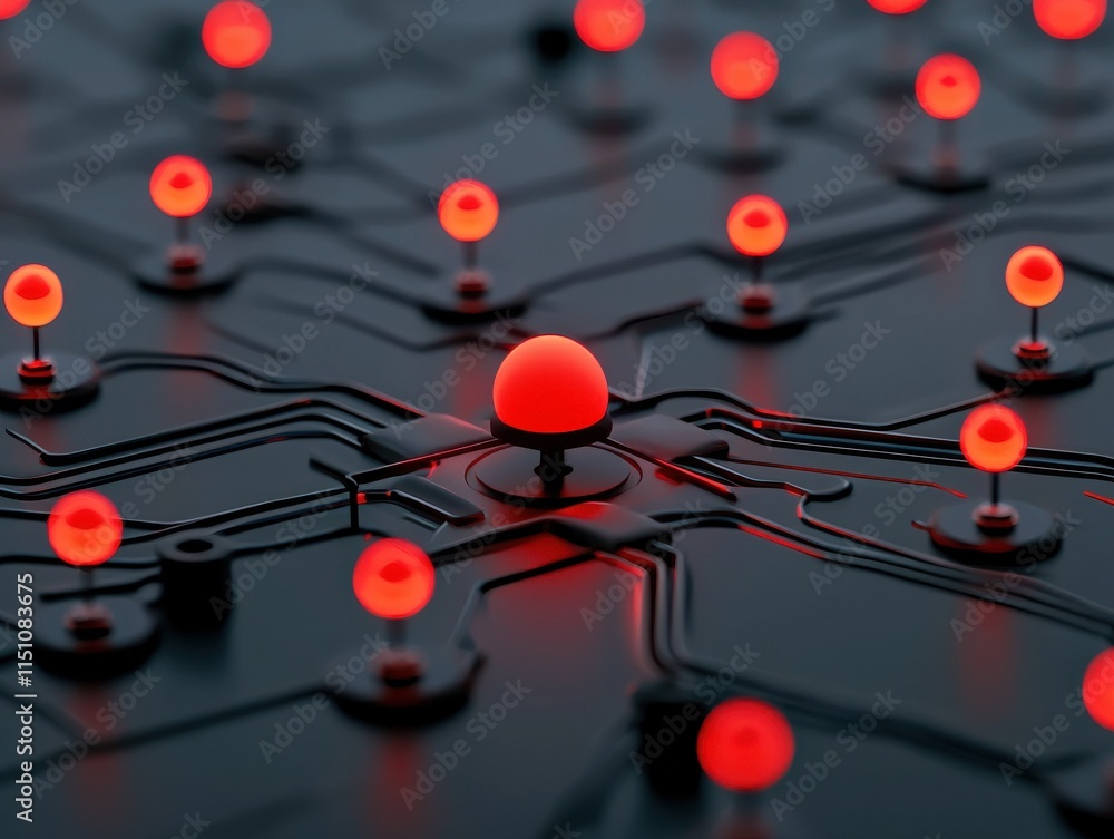 Poster abstract electronic circuit with glowing red nodes and connections.