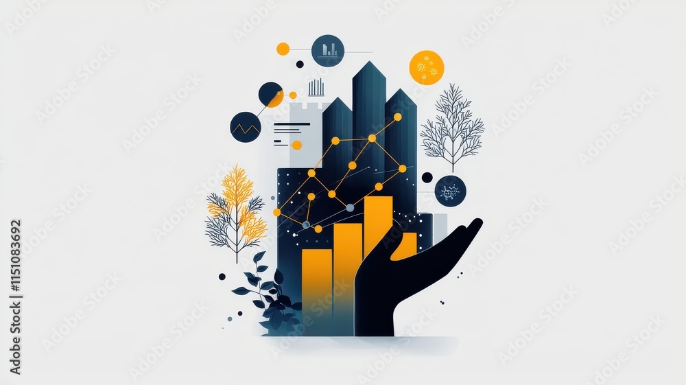 Poster abstract hand holding cityscape with data visualization elements.
