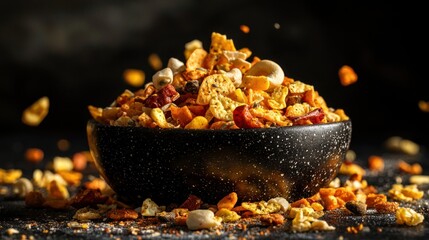 Photorealistic Side View of Delicious Bombay Mix in a Bowl with Spices and Nuts on Dark Background