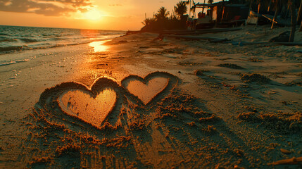 pair of intertwined hearts drawn in sand at sunset, evoking love and tranquility