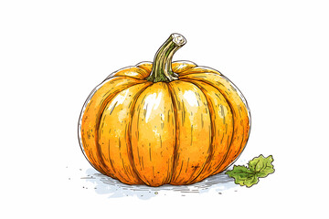 Vibrant Orange Pumpkin with Detailed Textures and Leaf on a Clean White Background