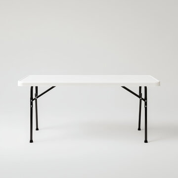 simple plastic folding table with flat front view, featuring white top and black legs, perfect for various indoor and outdoor activities