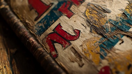 Weathered wooden surface with peeling paint.