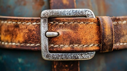 Close-up of worn leather belt with metal buckle.