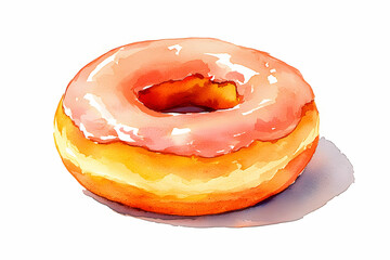 Obraz premium Freshly Glazed Pink Frosted Donut on White Background with Shadow Detail Highlighting Texture and Color Variations