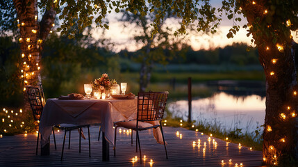 romantic scene of small table set for two under trees, surrounded by soft lights and serene lake view, creating cozy atmosphere