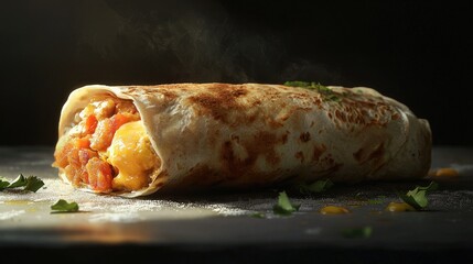 Photorealistic Side View of a Delicious Breakfast Burrito with Fresh Ingredients and Steaming Smoke