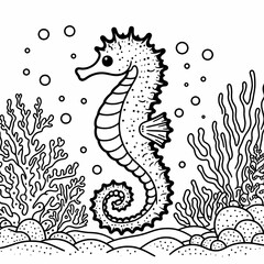 Blank coloring book illustration of a seahorse swimming on the seabed.