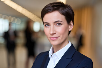 Fototapeta premium Portrait of a confident woman in a corporate setting, symbolizing leadership and ambition