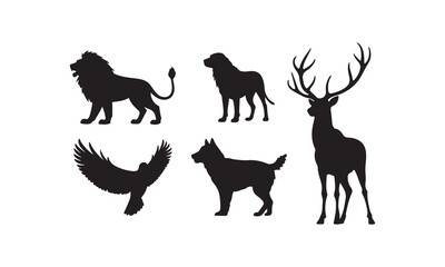 Elegant animal silhouettes: lion, dog, deer, bird, and more. Ideal for vector designs and wildlife themes. Includes black outlines and vector graphics.