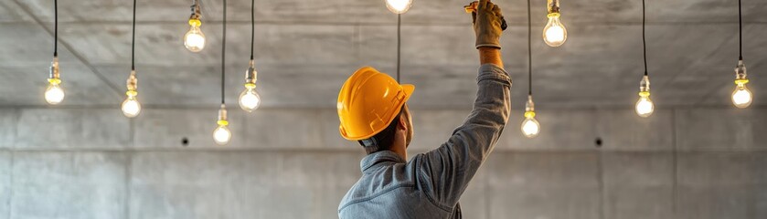 Fototapeta premium Construction worker installing light fixtures in a building.
