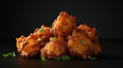 Photorealistic Side View of Delicious Burmese Fritters on a Dark Background with Fresh Garnish