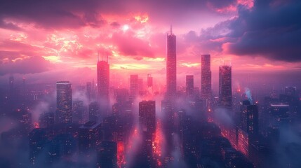 Obraz premium Pink sunset over foggy, futuristic city.
