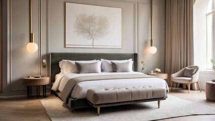 A Luxurious Boutique Hotel Bedroom Featuring a King-Sized Bed and Elegant Decor