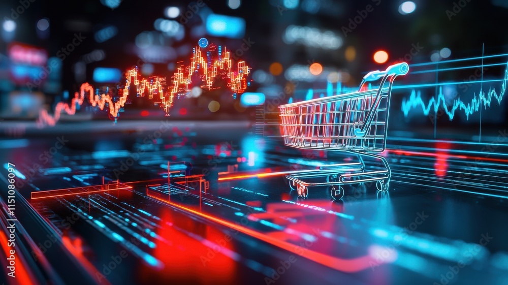Poster digital shopping cart with graphic trends and data visualization.