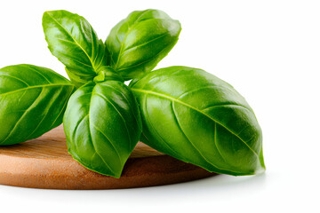 Fototapeta premium Fresh Green Basil Leaves on a Wooden Surface with Soft Lighting for Culinary Use and Presentation