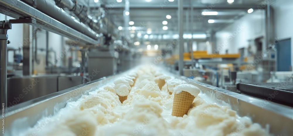 Poster a production line filled with ice cream and cones in a factory setting.
